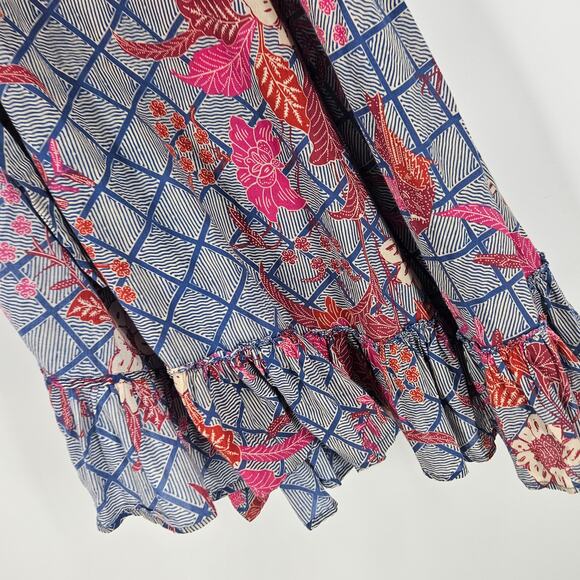 Apiece Apart Feliz Wrap Skirt Blue Red Floral Check Ruffle Hem Midi Size 0 - Picture 4 of 7